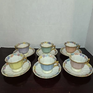 Vintage Limoges France Teetasse und Untertasse 6er Set, 40er Jahre, Floral Pastell  - Bild 1 von 22