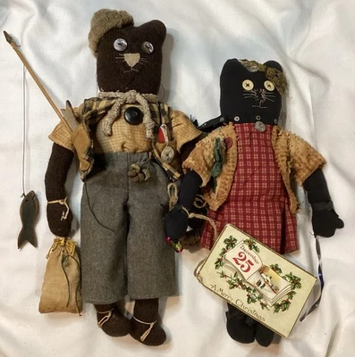 Primitive Rag Stuffed Sock Black Cat Couple Fishing Feline & Girl Kitty Postcard - Image 1 of 4