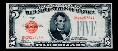 $5 1928-B United States Note Red Seal GEM UNC Free Shipping #170 - Image 1 of 2