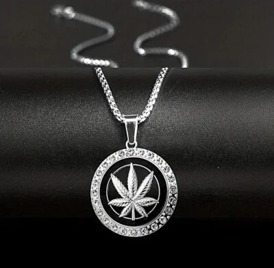 Colgante Hoja Hierba Marihuana Chapado en Plata Circonita Helada + Collar Cadena 24" EE. UU. Foto 1 de 4