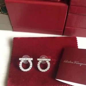 Salvatore Ferragamo Earrings Gancini Crystal Silver-tone Hardware Women Jewelry - Picture 1 of 11