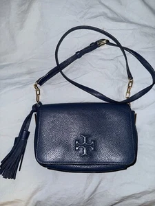 Tory Burch Mini Thea Navy Blue Pebbled Leather Gold Crossbody Bag Purse - Picture 1 of 6
