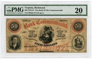 1858 $50 The Bank of the Commonwealth - Richmond, VIRGINIA Note PMG VF 20