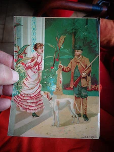 Altes Chrombild Chromolithographie Rückkehr der Jagd Hund Jäger Ende 19.Jh. - Bild 1 von 2