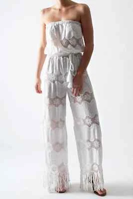 Mono para mujer Miguelina blanco de encaje Naima con flecos con cinturón sin tirantes pequeño $495 Foto 1 de 4