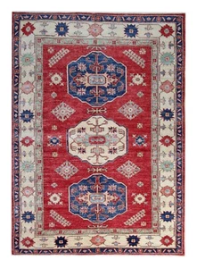 Geometric Rug Handmade Kazak Area Rug, Modern Red Beige Wool Rug- 145x203cm - Picture 1 of 7