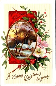 A Happy Christmas Be Yours Embossed Cabin Postcard - Picture 1 of 2