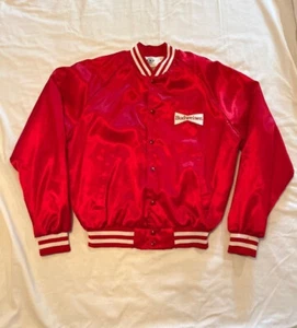 Red Satin Budweiser Beer Varsity Jacket SZ Large - Picture 1 of 8