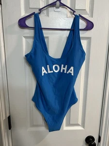 Old Navy Damen Medium Einteiler Badeanzug Aloha blau mit weißem Schriftzug - Bild 1 von 6