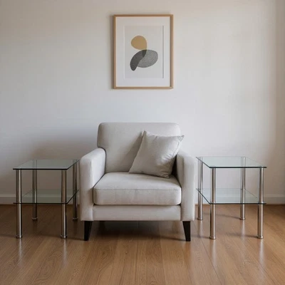 Set of Two Clear and Silver Glass and Metal Square End Tables With Shelf - Image 1 of 4