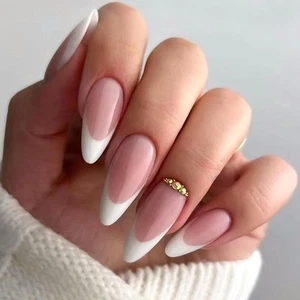 Medium French Tip Press on Nails Almond Fake with Medium, 1B4-French - Picture 1 of 7
