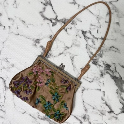 VALENTINO GARAVANI Satin Purse Floral Embroidery Hand Bag Beige Silk Women Japan - Image 1 of 4