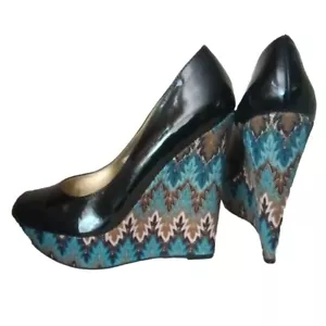 Steve Madden Platform Wedges 10M Black Patent Leather Blue Tapestry P-Elli 2649 - Picture 1 of 20