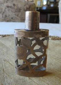 Vintage Filigree Mini Perfume Bottle 2 1/2" Tall Floral Pattern Mexican Silver  - Picture 1 of 8