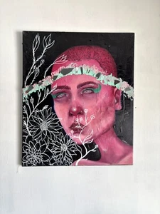 Original Oil Painting Fantasy Warm Expressive Portrait Flowers Unique Mikah - Picture 1 of 19