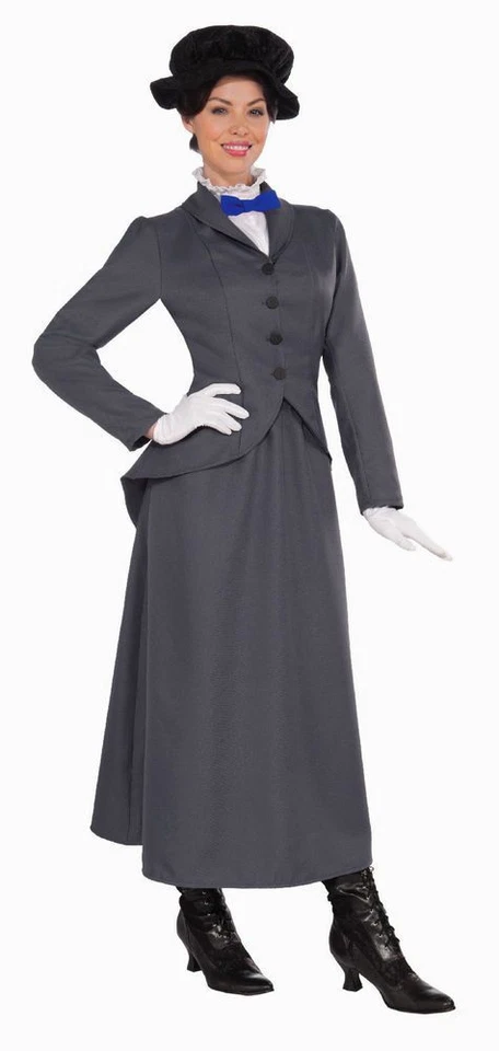 English Nanny Costume M. Poppins Look 4 Pc Gray Skirt Jacket Shirt Front & Hat - Image 1 of 1