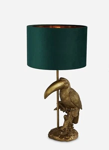 Lampada da tavolo vintage oro tucan con paratamburo verde paratamburo lampada animale - Foto 1 di 2