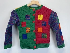 Kids Vintage Handmade Crochet Cardigan Sweater Sz 3T 4T VGUC Primary Colors - Picture 1 of 6