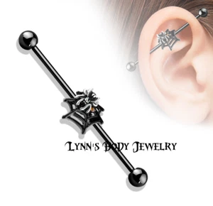 Crystal Set Spider on Web * Black PVD Plated * Halloween Industrial Barbell - Picture 1 of 2