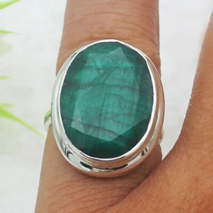 925 Sterling Silver Emerald Ring Simulated Gemstone Handmade Birthstone Jewelry - Picture 1 of 5