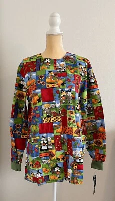 Vintage Cherokee Womens Thanksgiving Pilgrim Medical Scrub Long Sleeve Top Sz XS - Image 1 of 4