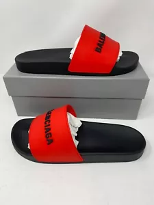 $395 Mens Balenciaga Hybrid Logo Pool Slides Sandals Slippers Blood Red Black 45 - Picture 1 of 10
