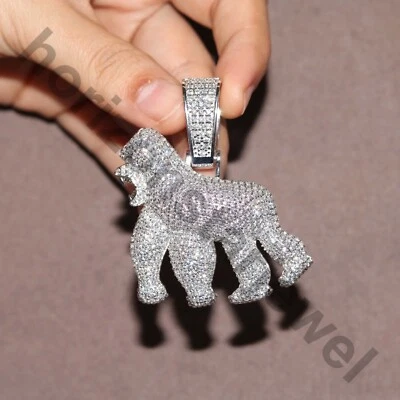 Round Lab Created Diamond 14K White Gold Over Custom Gorilla Men's Pendant 2" - Image 1 of 4