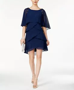 $222 Slny Women'S Blue Capelet Crew Neck Tiered Chiffon Cocktail Dress Size 8 - Picture 1 of 1
