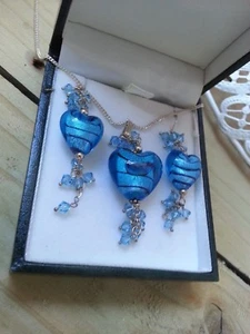 Blaue Murano Glas Herzform Halskette mit passenden Ohrhänger - Bild 1 von 6
