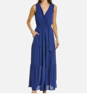 J. McLaughlin Maxi Lavinia Dress 8 Medium Blue Tiered Sleeveless V Neck Washable - Picture 1 of 13
