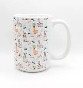 Cute Bunny & Carrots Coffee Tea Mug Cup 15 Oz Ceramic Easter Season by Mugzan - Picture 1 of 11