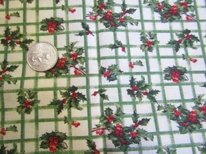 NATALE tessuto COTONE vintage HOLLY su VERDE CREMA A QUADRI anni 90 - oltre 1 yd - Foto 1 di 2