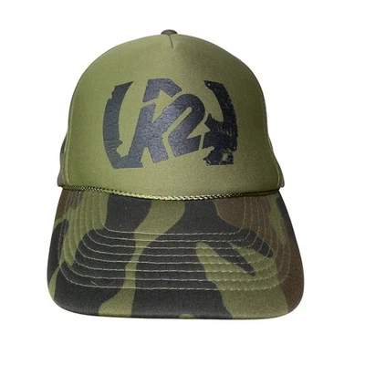Vintage K2 Snowboarding Hat Cap Snapback Green Camouflage Trucker Snapback GUC - Image 1 of 4