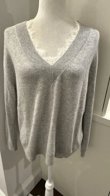 New Minnie Rose Gray 100% Cashmere White Lace Trim V-Neck Sweater Size S - Image 1 of 4