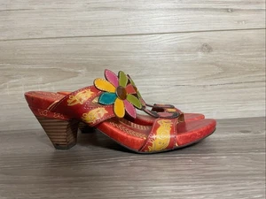 Spring Step Papaya Sandals Womens Size 37 Red Multi Flower Leather Heels Shoes - Picture 1 of 11