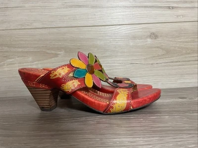 Spring Step Papaya Sandals Womens Size 37 Red Multi Flower Leather Heels Shoes - Image 1 of 4