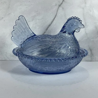 Vintage Indiana Glass Hen On Nest Light Blue Cornflower Covered Candy Dish - Image 1 of 4