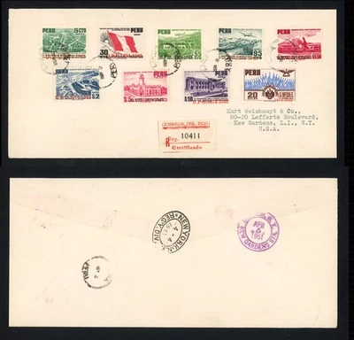 1951 Peru Cover To US 40.35Sol Airmail Set w UPU O/P High Domination Registered - Image 1 of 3