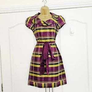 Ted Baker Dress Size 2 UK 10 Pure Silk Taffeta Tartan Cowl Neck Purple Green - Picture 1 of 8
