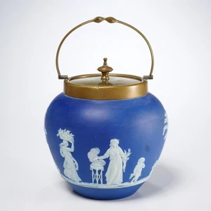 Wedgwood Antique Blue Jasperware Silver Plated Biscuit Cookie Jar 5.5"dia - Picture 1 of 8