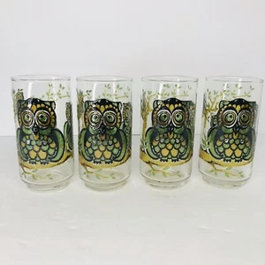 4 Vtg Libbey Owl Family Tumblers Stained Glass Look Drinking Glasses Textured - Picture 1 of 11