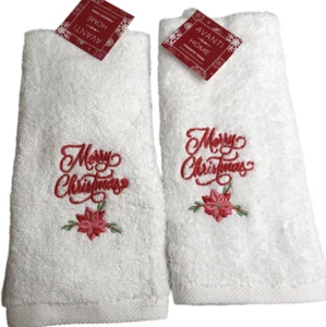 Merry Christmas Fingertip Towels Poinsettia Embroidered Set of 2 Avanti Guest - Picture 1 of 12
