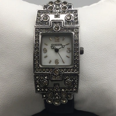 Chico's Watch Women 22mm Silver Tone Marcasite Crystals Open Cuff New Battery - Image 1 of 4