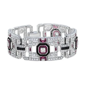 18K White Gold Diamond Ruby Onyx Art Deco Style Wide Bracelet - Picture 1 of 13