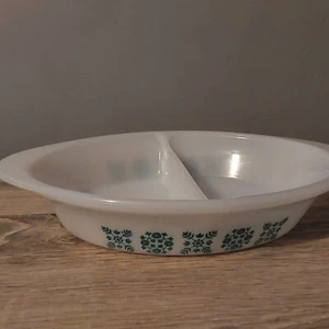 Vintage USA Glassbake J-239 Oval Milk White Divided Green Snowflake Casserole VG - Picture 1 of 7