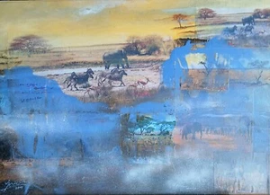Serengeti - Afrika Mixed Media Leinwandbild 50 x 70 cm Bernhard Gerner blau gelb - Bild 1 von 10