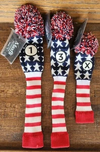 Maxfli 1, 3 & Hybrid Vintage Look Knit Red White Blue Pom Golf Club Head Covers - Picture 1 of 3