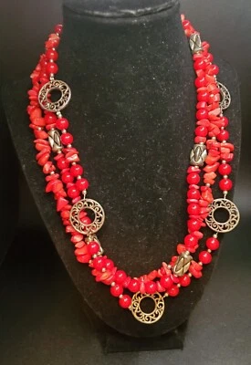 Premier Designs 18” Triple Strand Necklace w/ Coral, Red Acrylic, & Silver Tone - Image 1 of 3