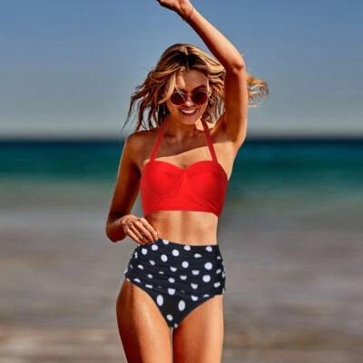 Suave acolchado - Traje de baño bikini retro a lunares para mujer, ideal para playa/resorts Foto 1 de 4