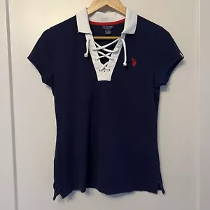 US Polo Assn Vintage Retro Damen Navy Blau Polokragen Kordelzug, Größe S - Bild 1 von 11